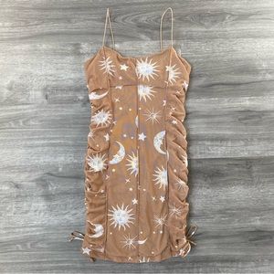 Sun Moon Tan Ruched Mesh Bodycon Mini Dress Small